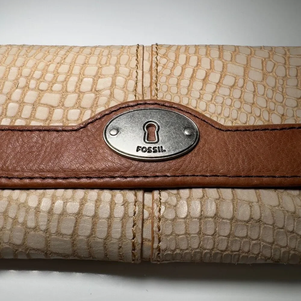 Fossil Wallet Brown Leather Snake Skin Pattern Card Holder Zipper Pockets NWOT